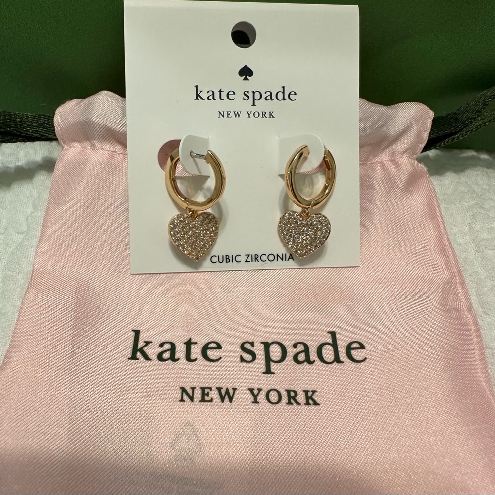 Kate Spade NWT Yours Truly Pave Heart Drop Earrings Rose Gold - Picture 5 of 8